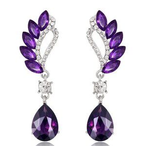 Purple Waterdrop Wings Shaped Drop Earrings Silver Plated Retro Dangle Earrings
